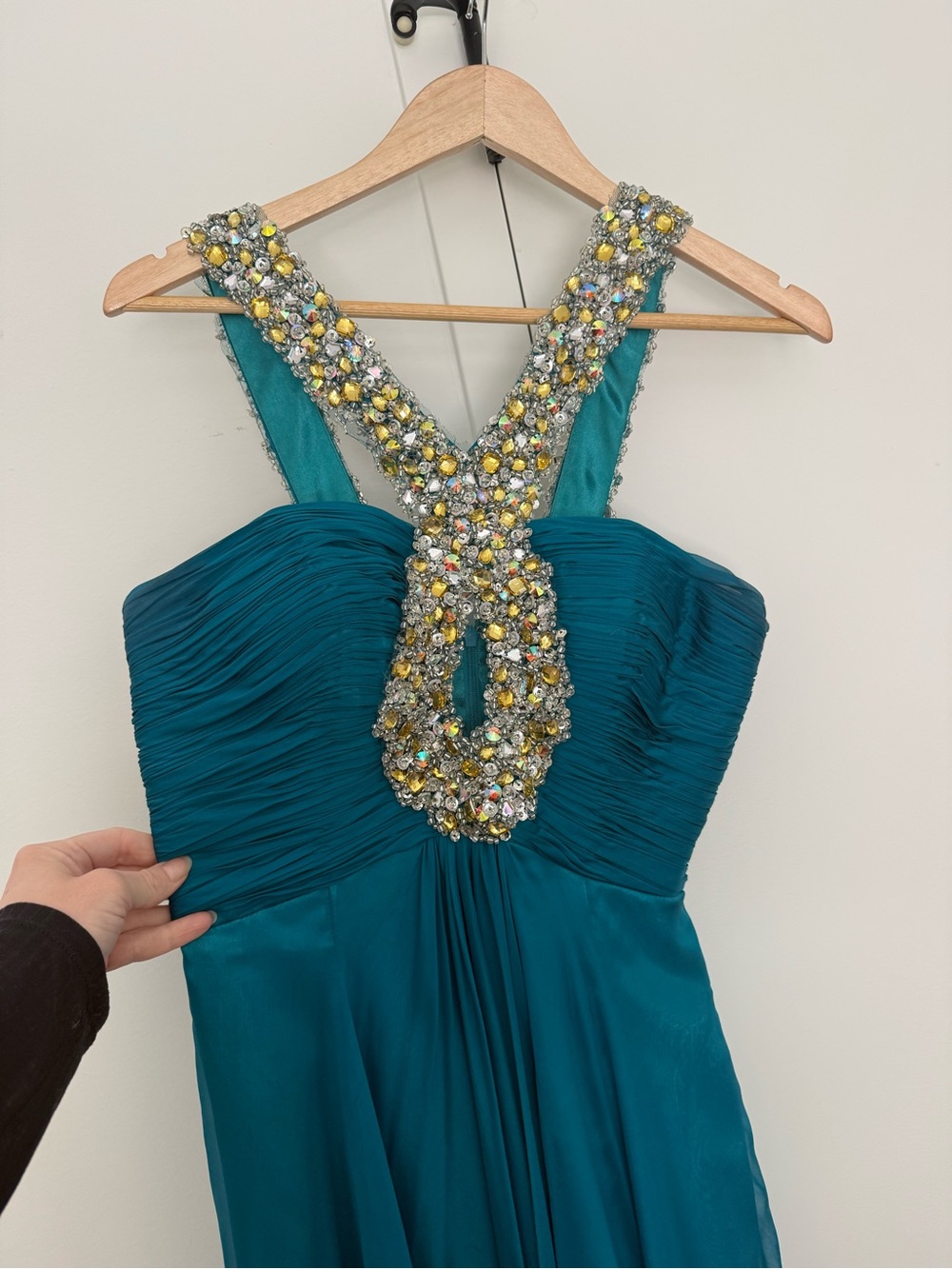 Sherri Hill Teal Prom Dress with Jeweled Halter